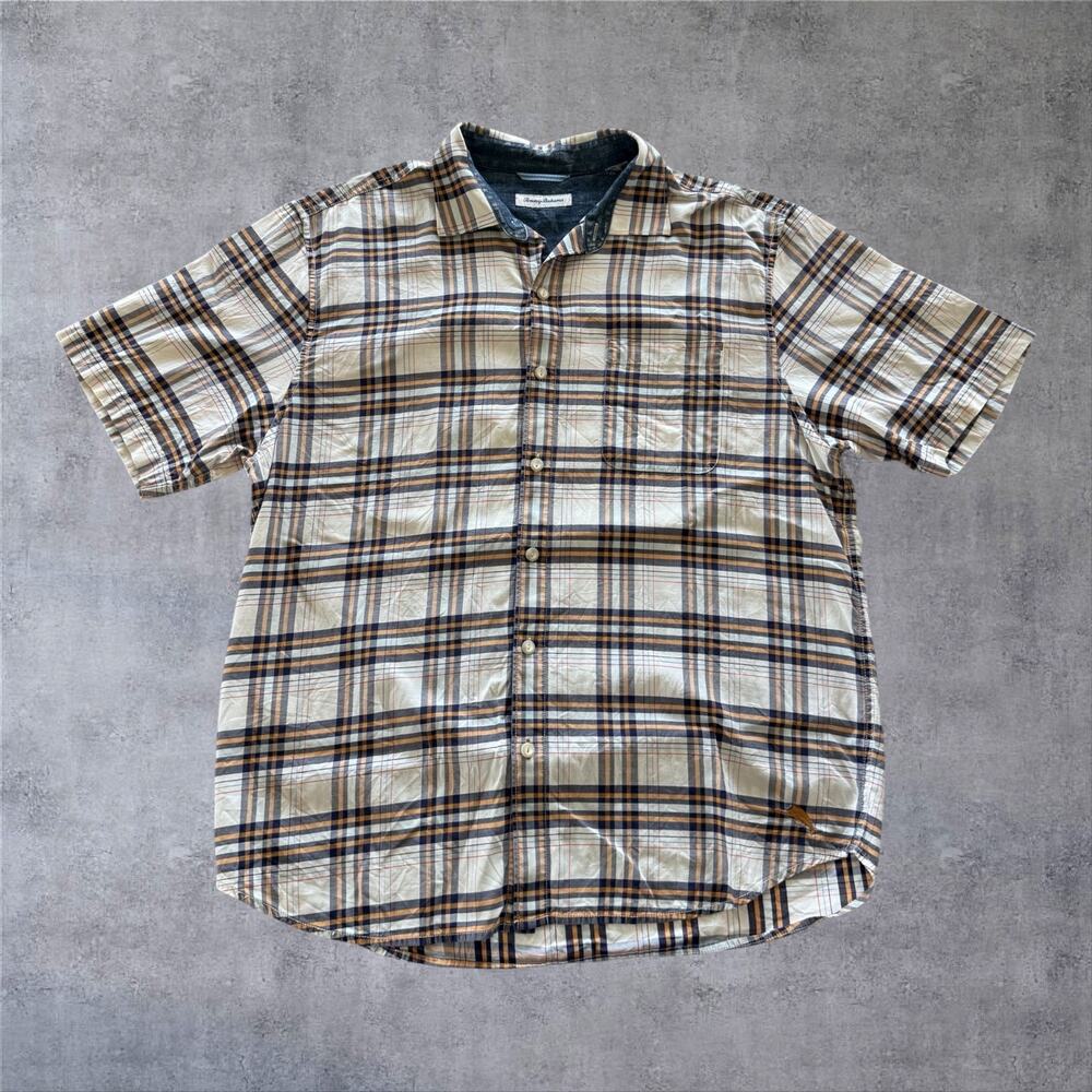 Tommy Bahama Shirt Mens Large Plaid Short Sleeve Cotton Button Up Marlin Y2K